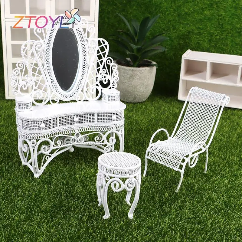 

1Set 1:12 Dollhouse Miniature White European Dressing Table Chair Metal Armchair Furniture Model Decor Toy Doll House Accessorie