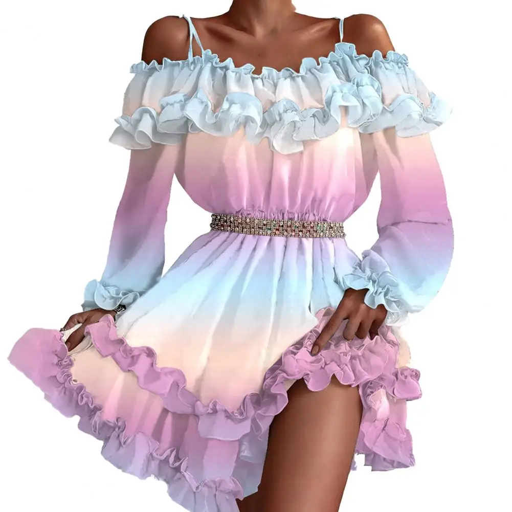 

Mini Dress A-Line Elastic Waist Long Sleeve Ruffles Frill Hem Mini Dress Leopard Print Off Shoulder Lady Summer Dress Female