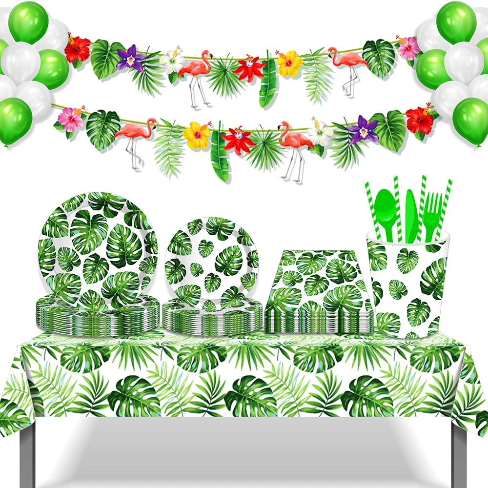 

Hawaii Green Tropical Plant Plantain Happy Birthday Party Disposable Tableware Sets DIY Leaf Banner Baby Shower Party Decors