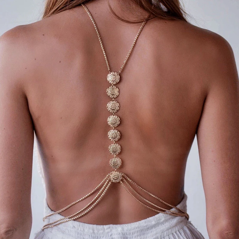 

Boho Shoulder Metal Disc Tassel Statement Chain Body Jewellery for Women Girls Carved Disc Charm Back Body Chain for Summer PR-V