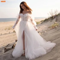off shoulder side slit wedding dress puff sleeves lace appliuques sequins vestidos de novia a line bridal gown robe de mariage