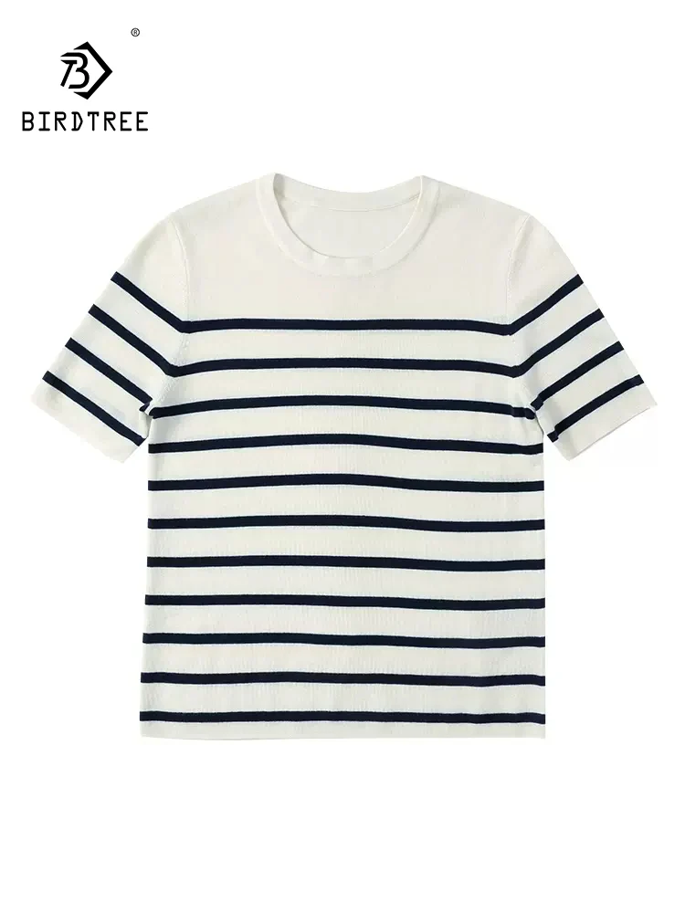 Элегантный свитер BirdTree из 30% натурального шелка и 70% шерсти женский полосатый с