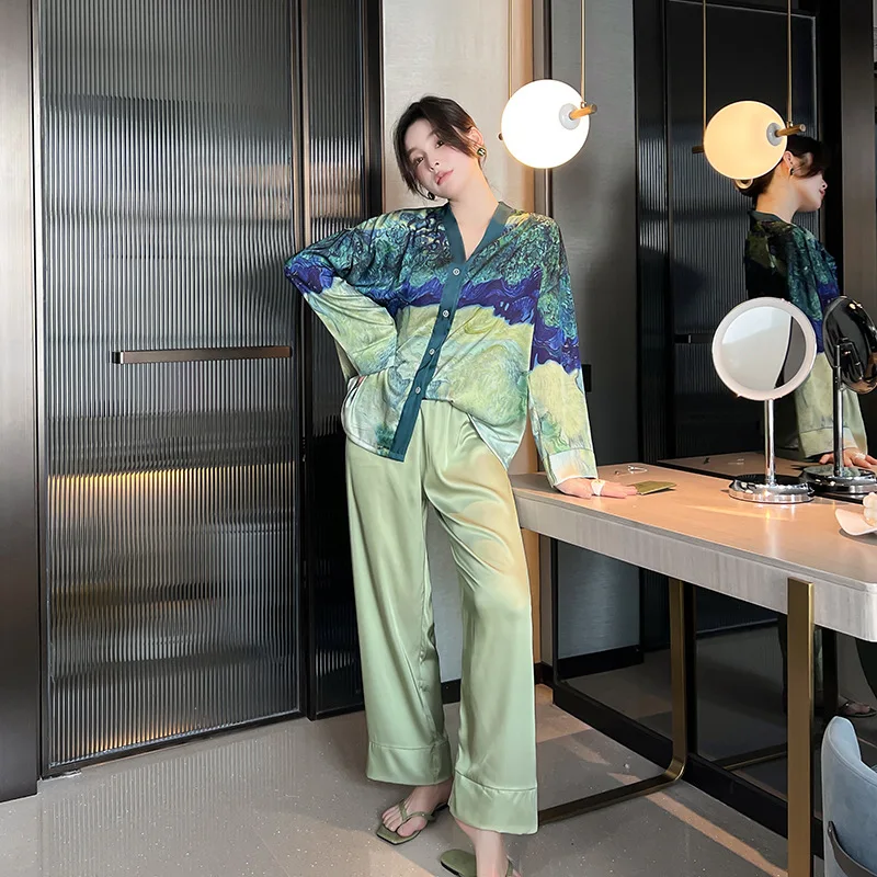 Ice Silk Pajamas Female Spring Summer Long-sleeved Pajama Cardigan Temperament Print Suit Wear Outside Women Home Clothes Suits