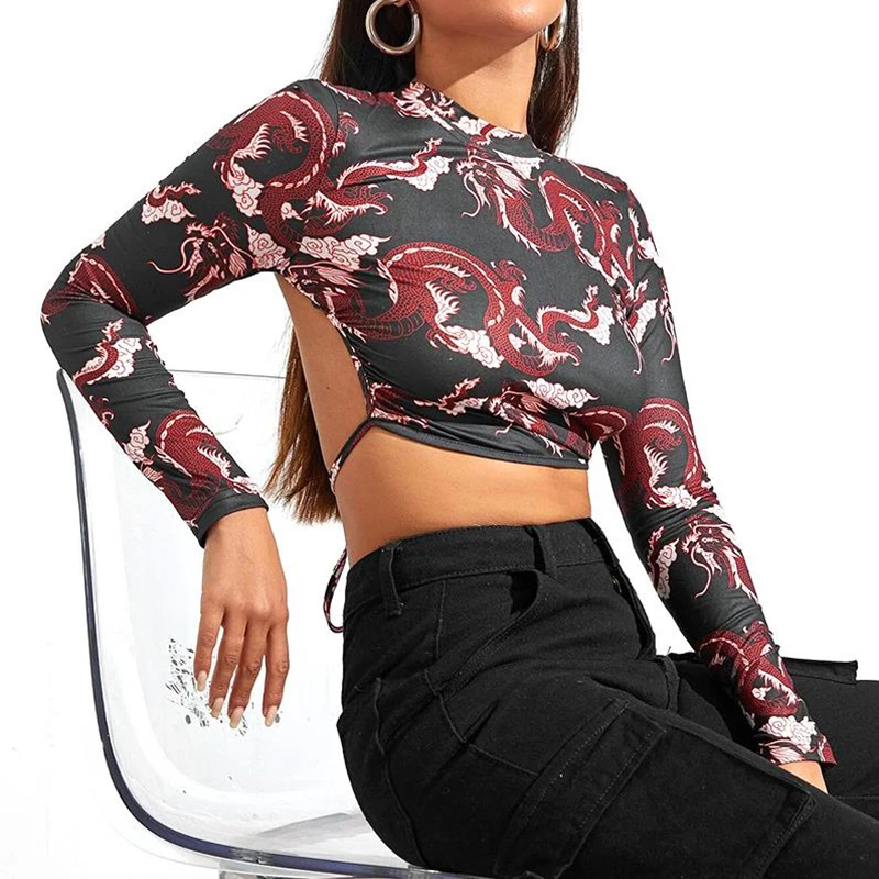 Summer Print T-shirts for Women Sexy Backless Lace-up Long Sleeve Crop Tops Dragons Vintage Female Shirt Ladies Pullovers Black