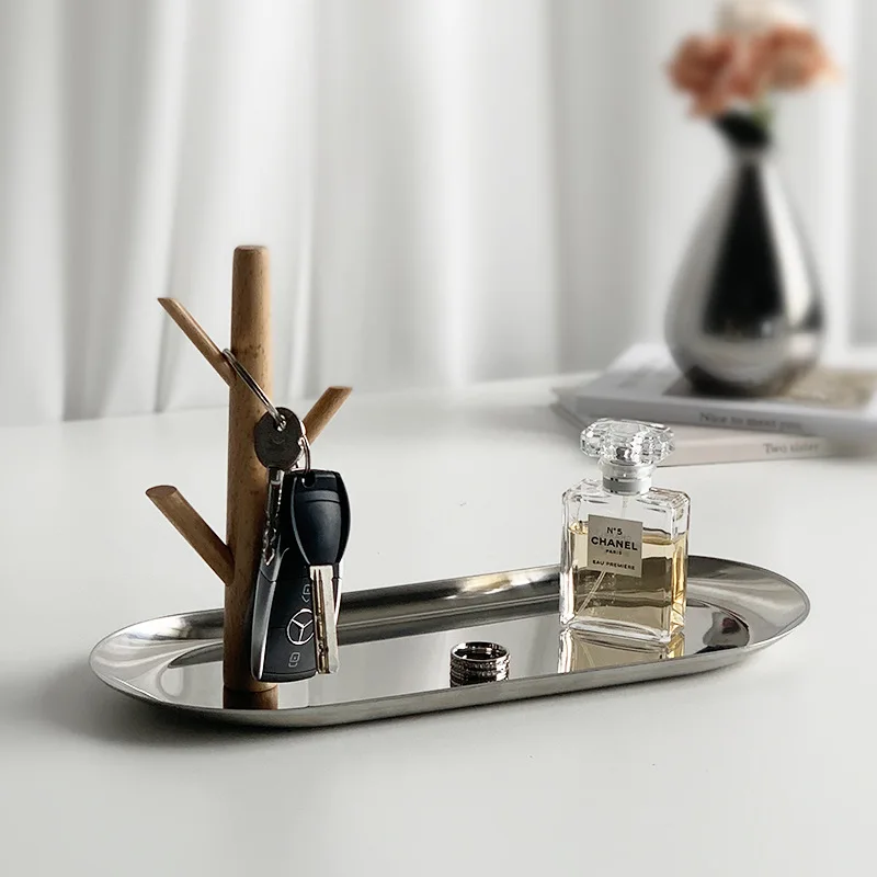 Деревянный металлический поднос для хранения вещей Овальный гальванический