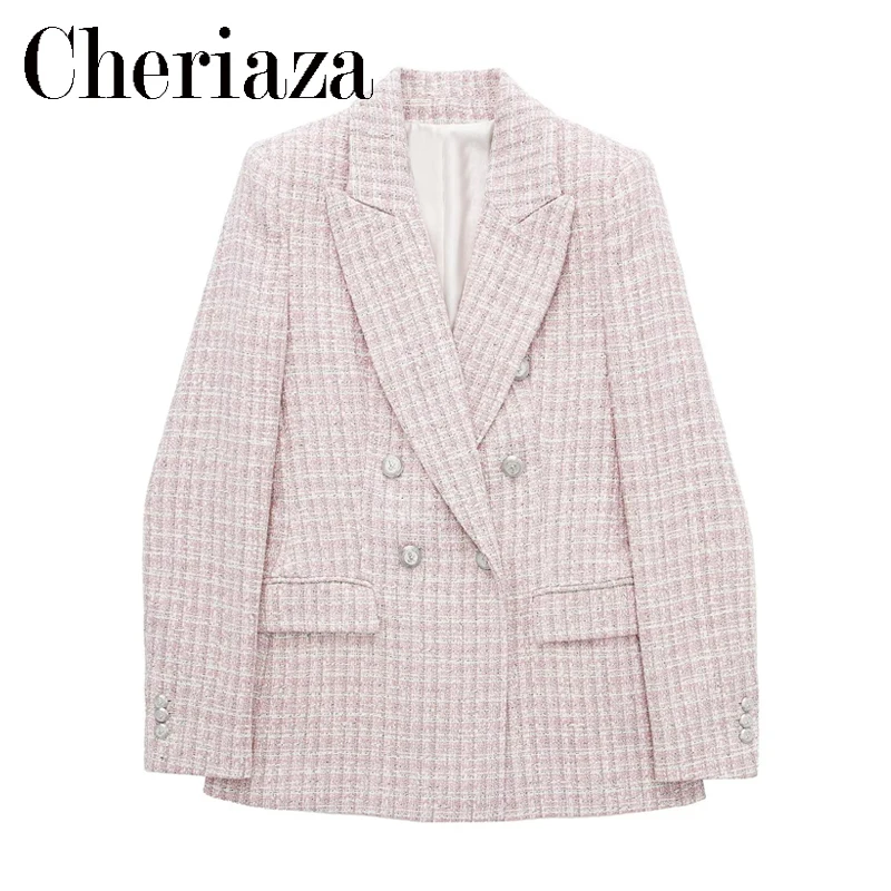 

Cheriaza Autumn Winter Women Pink White Tweed Blazer Slim Fit Long Sleeves Double Breasted Casual Outerwear Chic Top Female