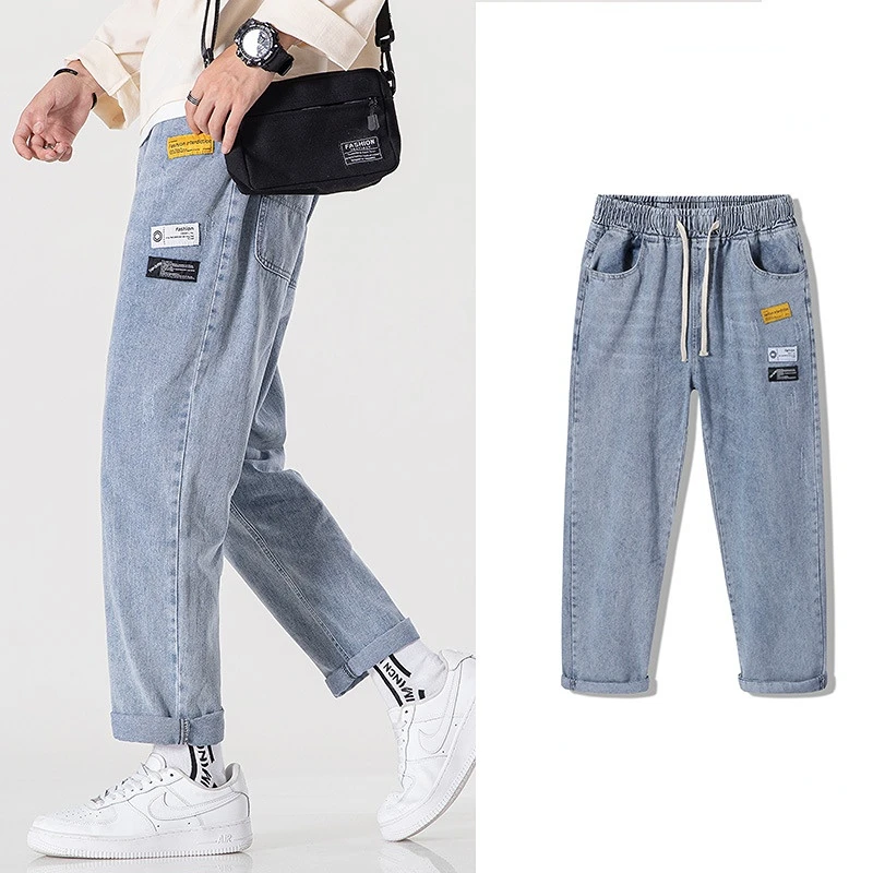 Men Jeans Streetwear Vintage Jeans Summer Solid Loose Jeans Korean Style Jeans Men's Lace-up Mid-Waist Denim Straight-Leg Pants