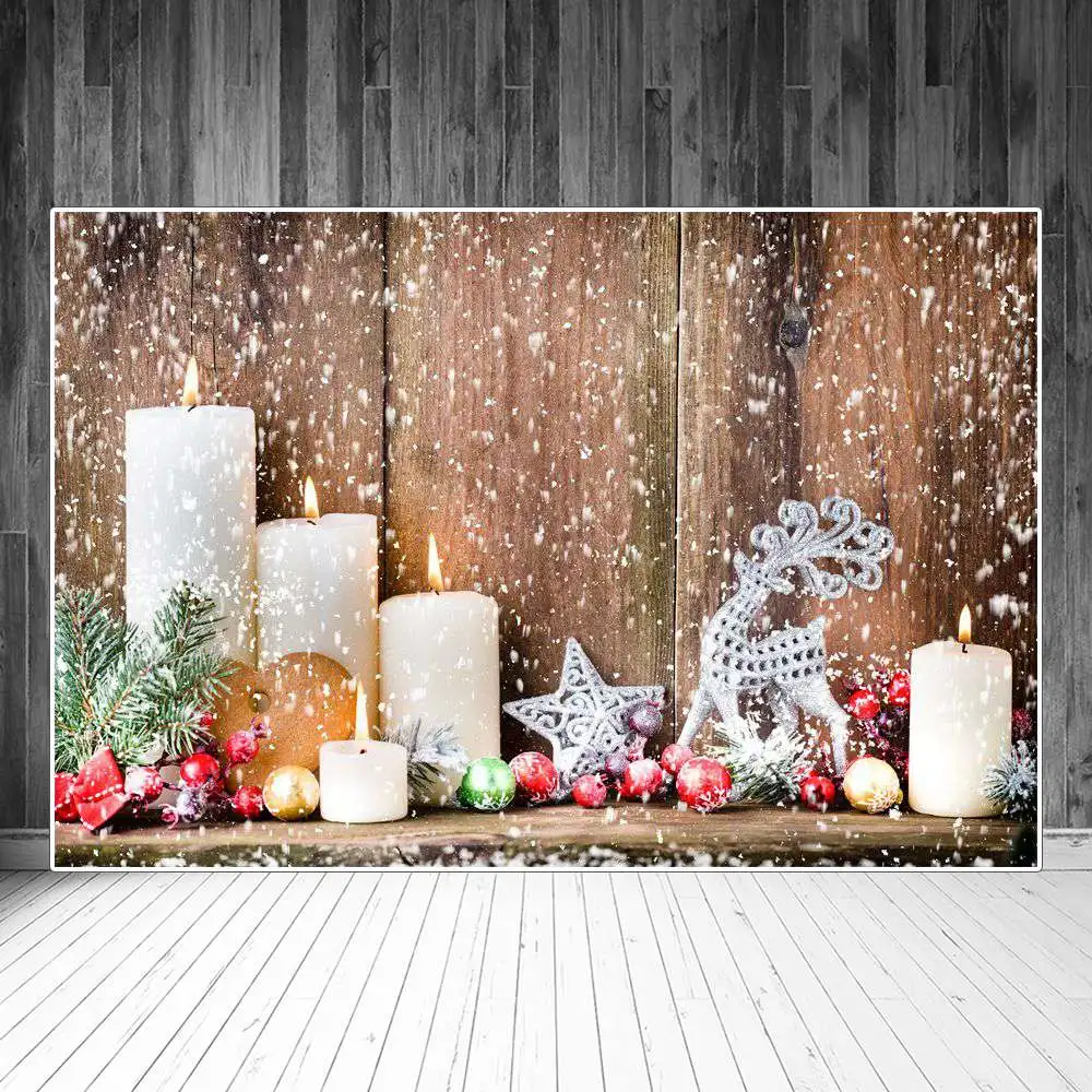 

Christmas Snowflake Candles Wooden Planks Photography Backgrounds Custom Pine Holly Balls Baby Party Decoration Photo Backdrops