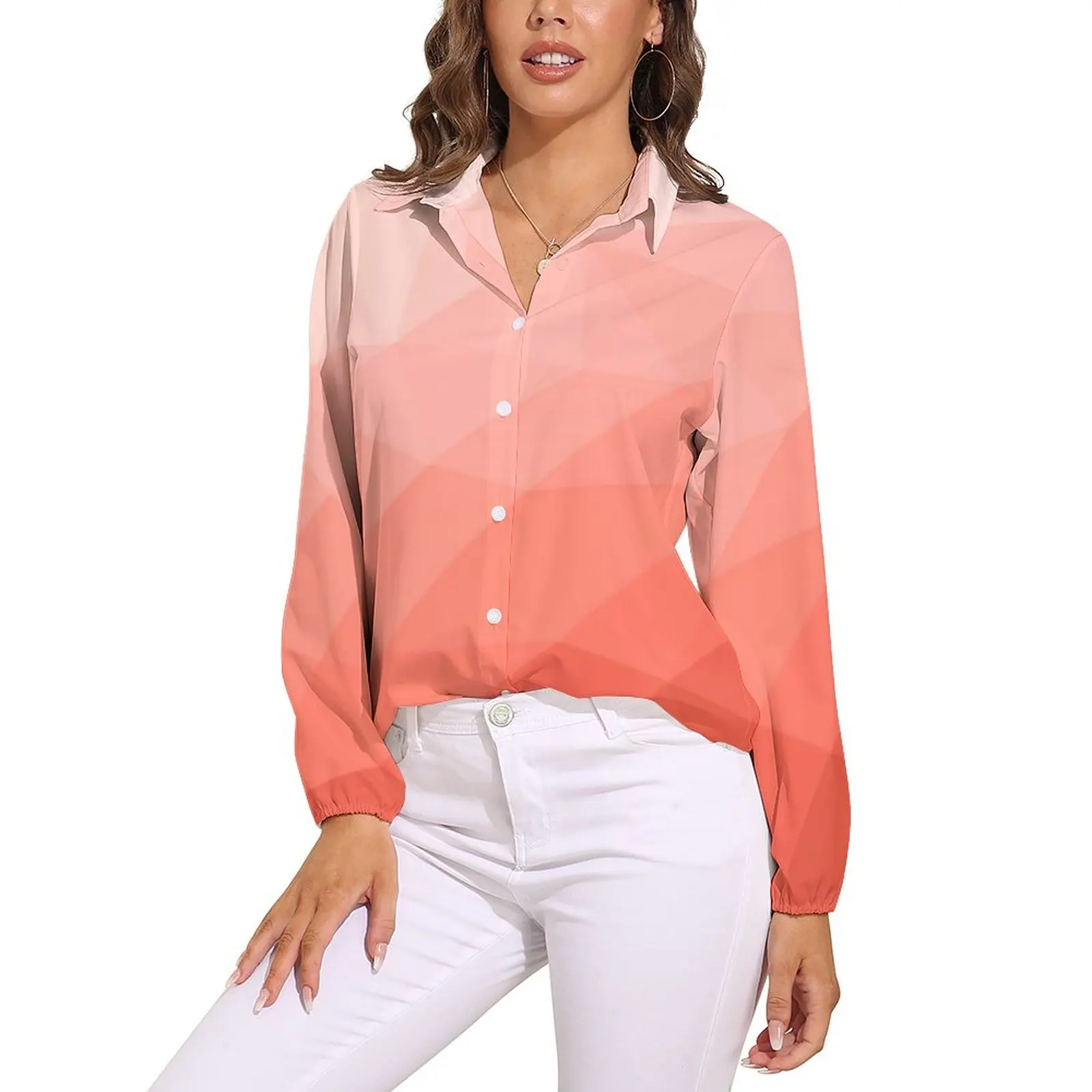 

Mesh Ombre Blouse Geometric Print Aesthetic Design Blouses Women Casual Shirt Autumn Long-Sleeve Oversized Top