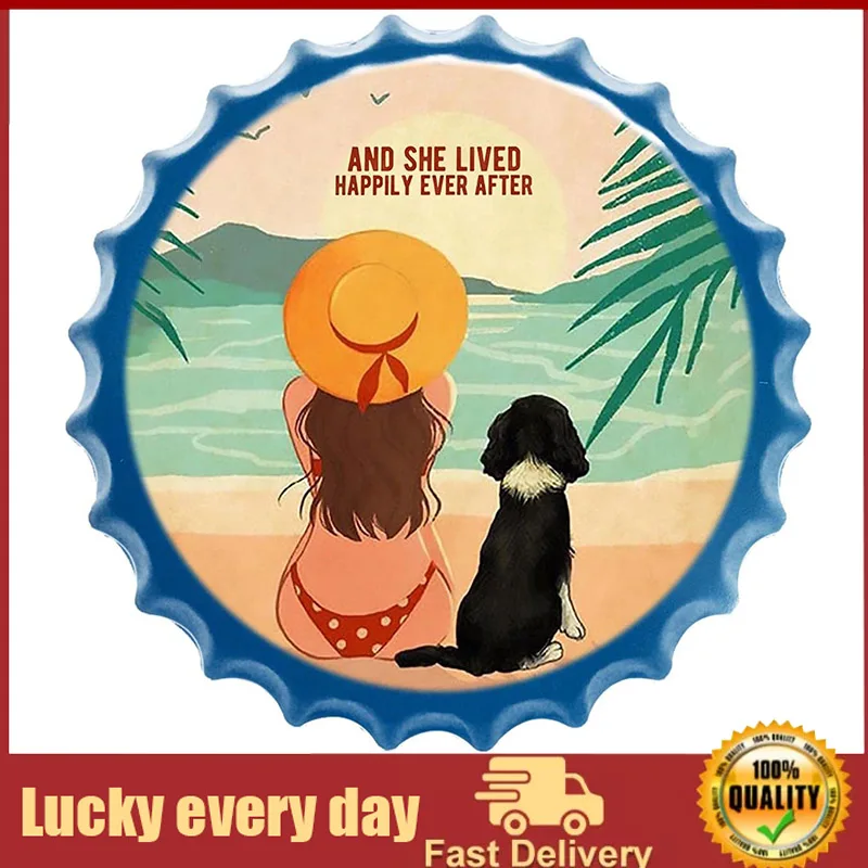 

Dreacoss Beach Girl and She Lived Happily Ever After Bottle Caps Metal Tin Signs Dog Lover Gift Beach Decor Animal Wall Art