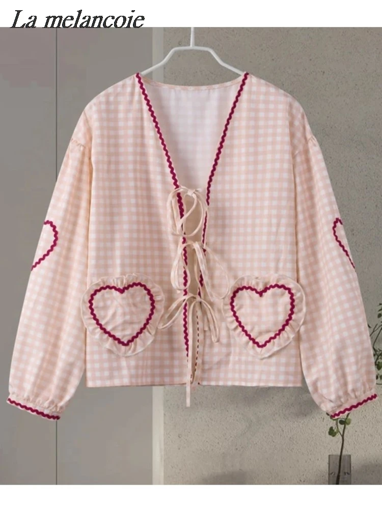 Женская свободная рубашка в клетку Повседневная блузка с завязкой форме сердца