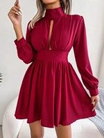 autumn and winter sexy hollowed out waist and swing half high collar zippers solid a line chiffon dress for women