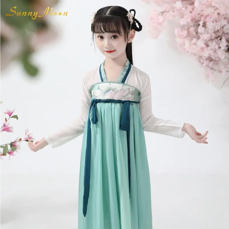 

Lovely sweet girl Spring and Autumn Hanfu dress ancient dress super fairy children skirt skirt Chinese lotus flower fairy 2-14Y