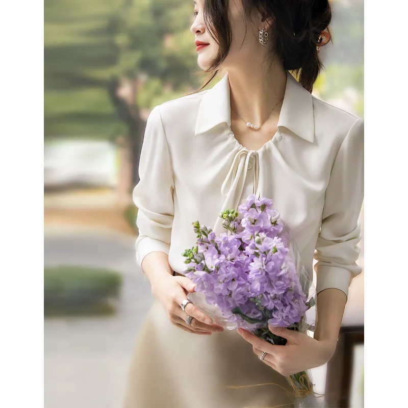 

Женская шифоновая рубашка с отложным воротником, однотонная Повседневная блузка свободного покроя, элегантная французская рубашка с длинным рукавом, лето 2023