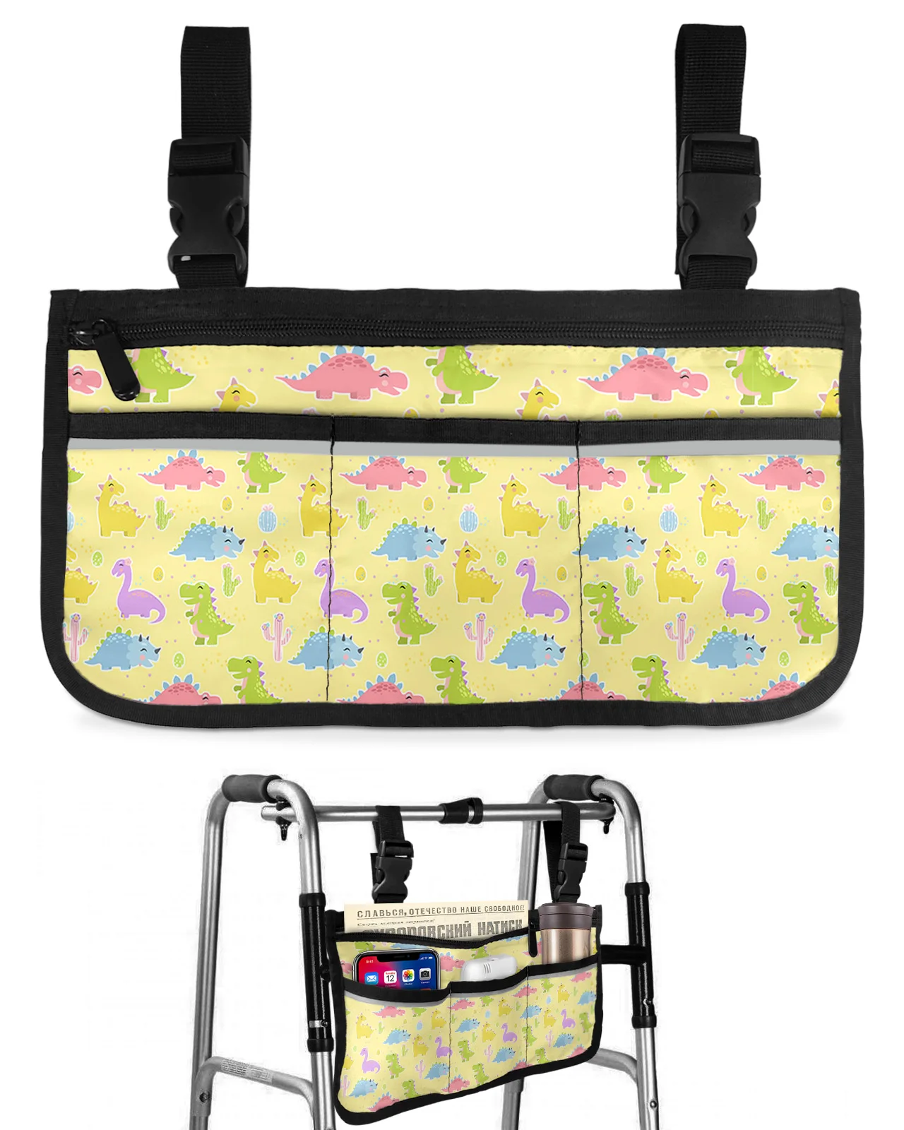 

Cartoon Dinosaur Plant Cactus Wheelchair Bag With Pockets Armrest Side Bags Electric Scooter Walking Frame Storage Pouch