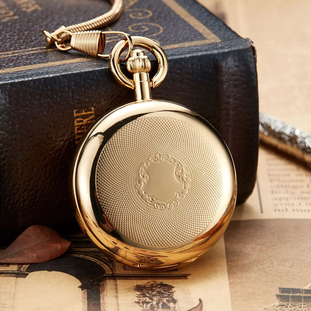Luxury Golden Copper Mechanical Pocket Watch Hand Winding Clock Fob Chain Watch Men Roman Numbers Skeleton Reloj de bolsillo