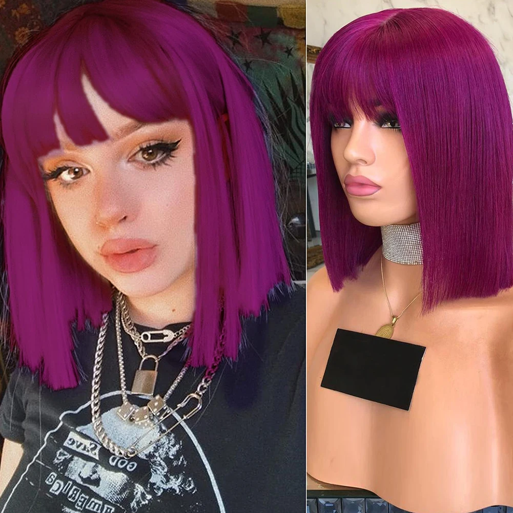 

FANXITION Dark Purple Synthetic Lace Front Wig Cosplay Wig Short Bob Wigs With Bangs Silky Straight Hair For Women Heat Fiber