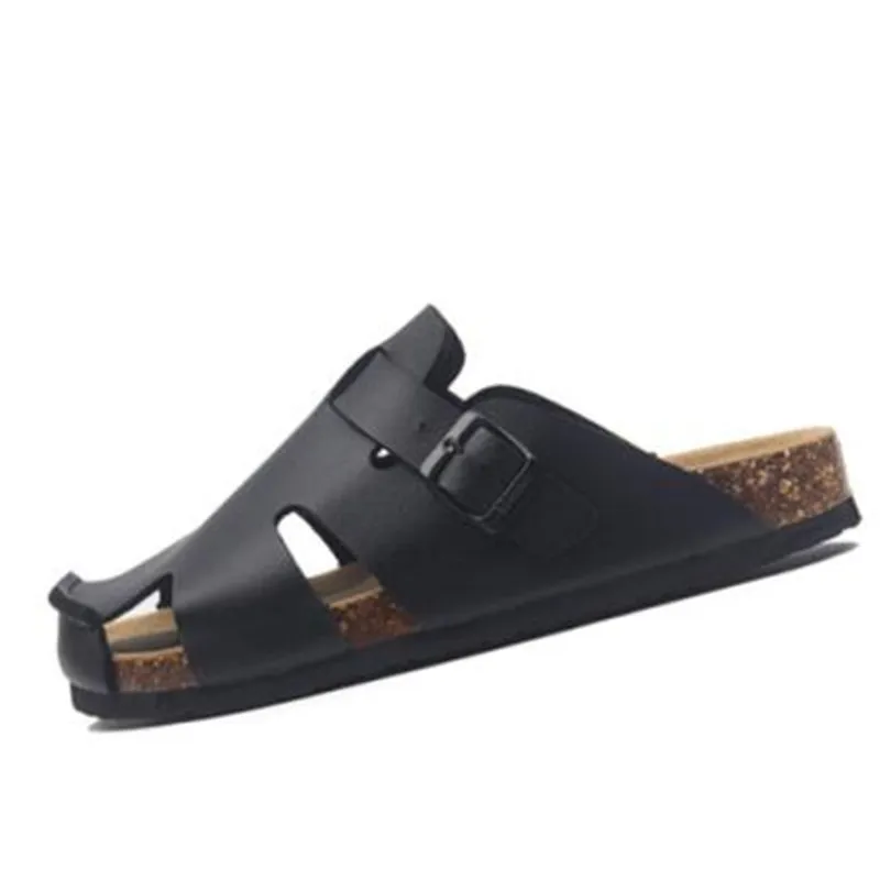 

New Summer Shoes Men Flat Buckle Cork Slipper Cut-outs Shoes Man Leather Fashion Beach Outside Non-slip Closed Toe Slides 35-45
