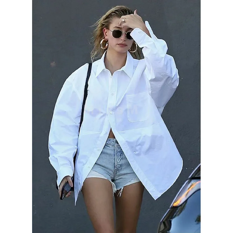 

Женская белая Свободная рубашка из хлопка с длинным рукавом и отложным воротником