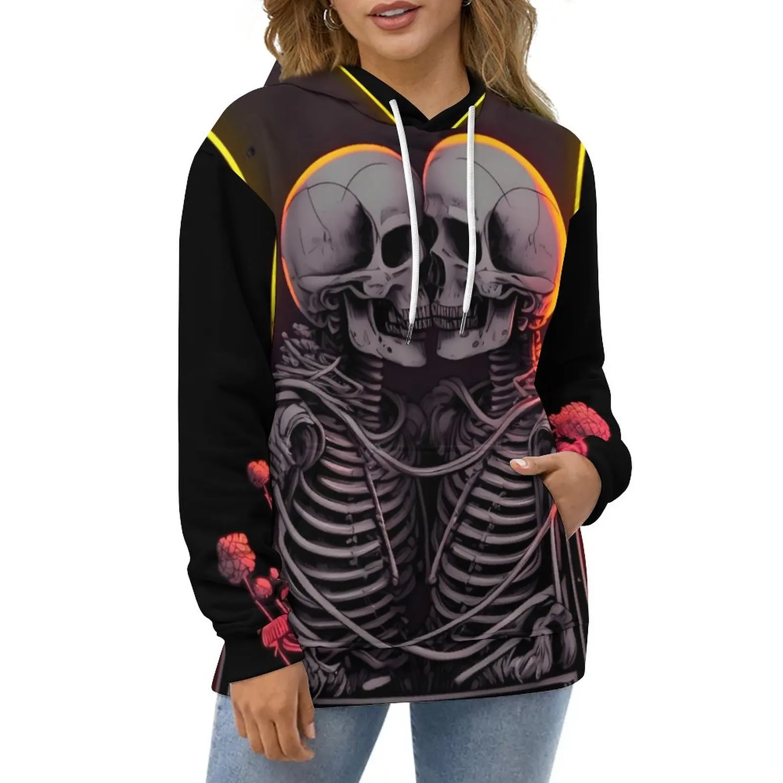 

Худи для влюбленных в готическом стиле с длинным рукавом и принтом скелета Y2k, Повседневный пуловер с капюшоном, зимняя уличная одежда, дизайнерский свитер