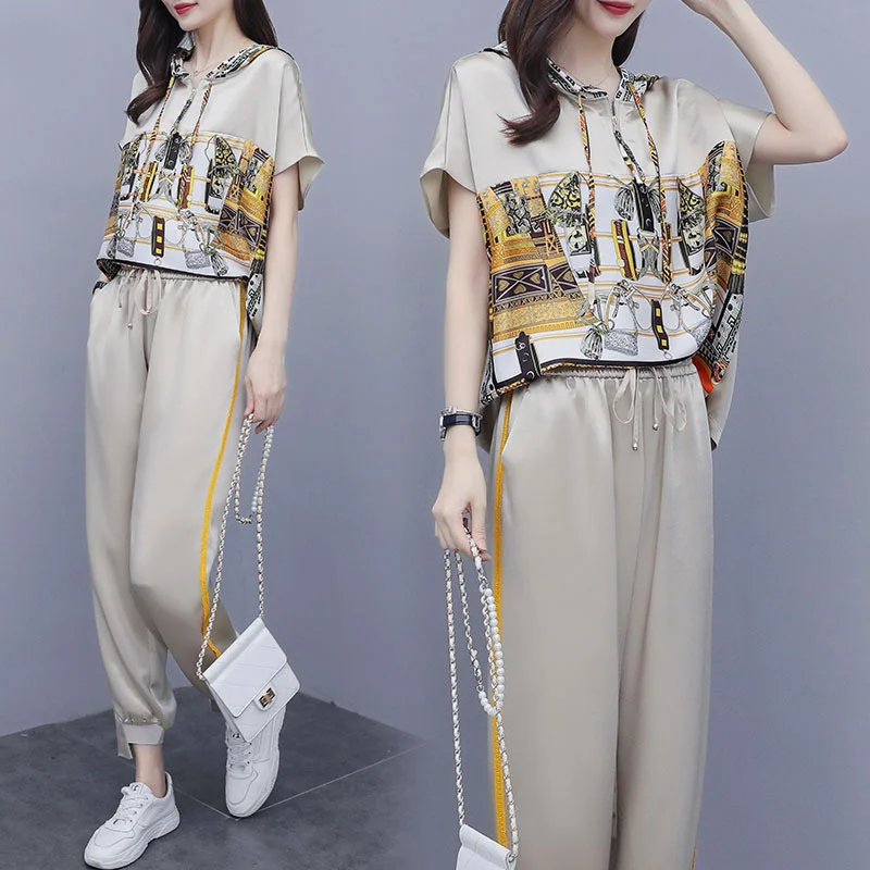 

Летний комплект из 2 предметов для женщин, женский комплект с цветочным принтом, пуловер с капюшоном и брюки, Женский Повседневный Спортивны...