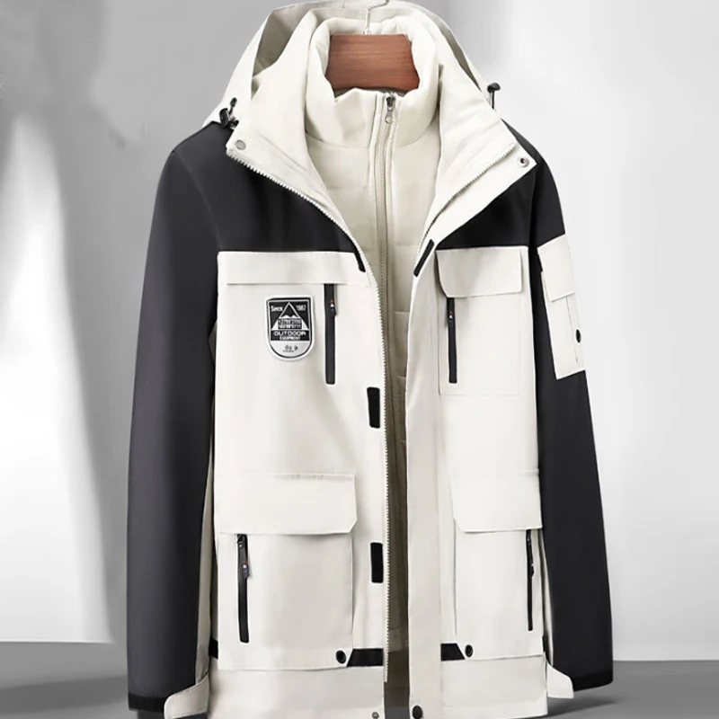 

Men Winter 3 in 1 Cotton Padded Hiking Climbing Fishing Trekking Skiing Detachable Waterproof Jackets Hoodies Coat Breathable