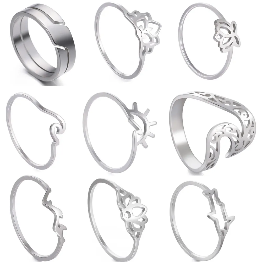 

Buddhist Lotus Flower Rings For Women Stainless Steel Silver Color Hollow Nine Petal Lotus Finger Ring Buddhistic Jewelry