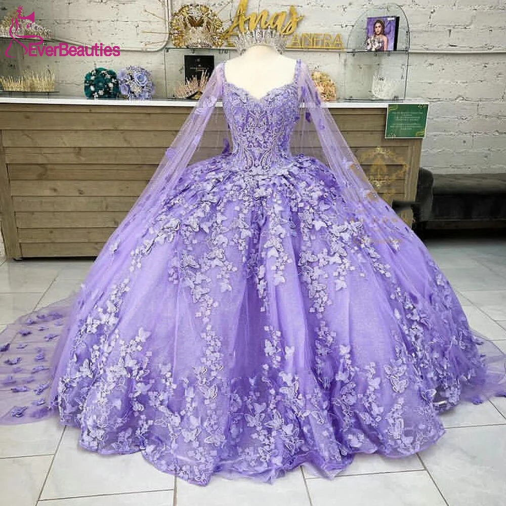 

Lilac Spaghetti Strap Butterfly Appliques Lace Quinceanera Dress Ball Gown Crystal Sweet 15 Dress Vestido de 15 Anos Quinceanera
