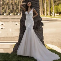 elegant v neck strapless wedding dress mermaid sexy sleeveless bridal gowns illusion button beach appliques lace vestidos noiva
