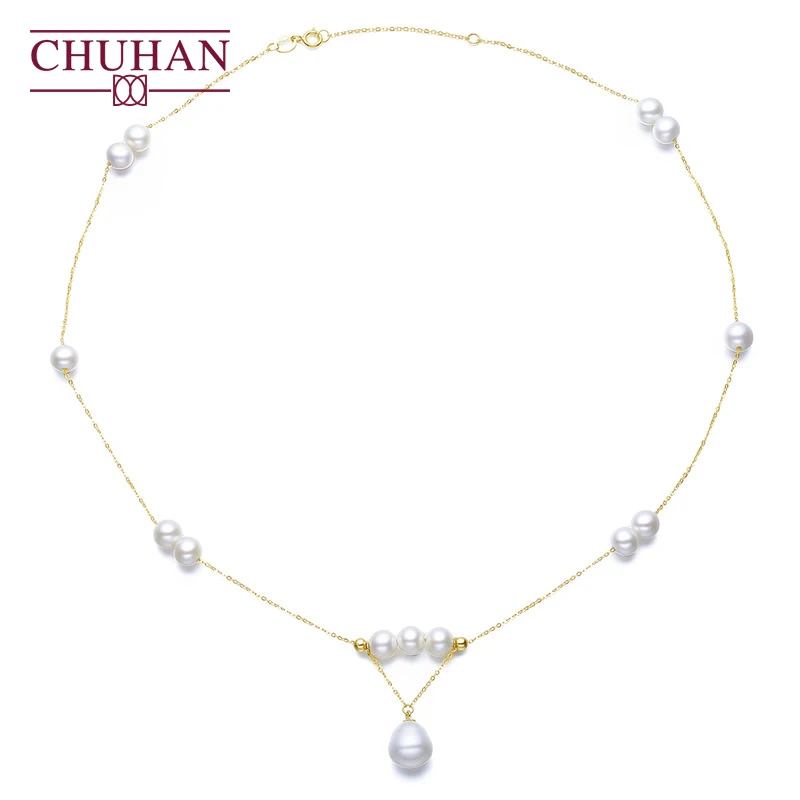 

CHUHAN Real 18k Gold Necklace Women High Gloss Natural Freshwater Pearls Au750 Water Drop Fringe Design Fine Jewelry Gifts