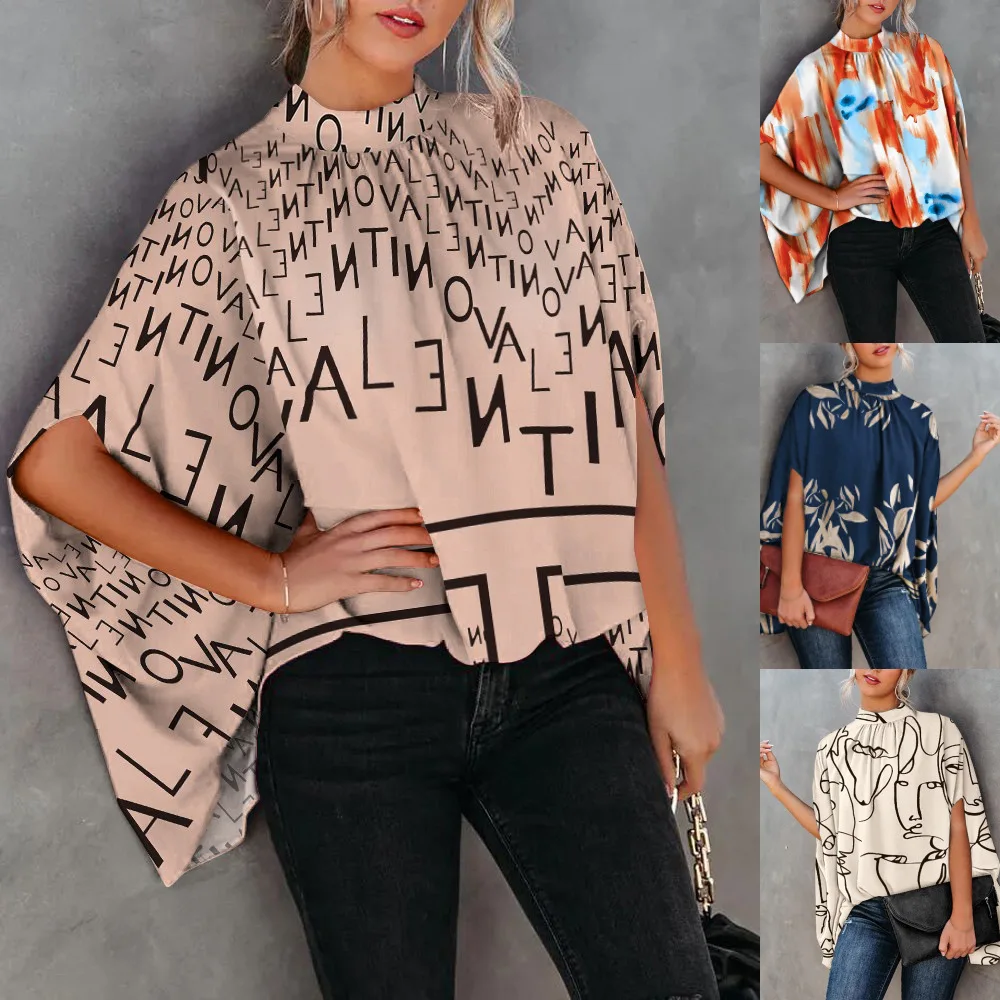 

2022 Spring Summer Casual Loose Women's Blouse Fashion Batwing Sleeve Print O-neck Office Lady Elegant Tops