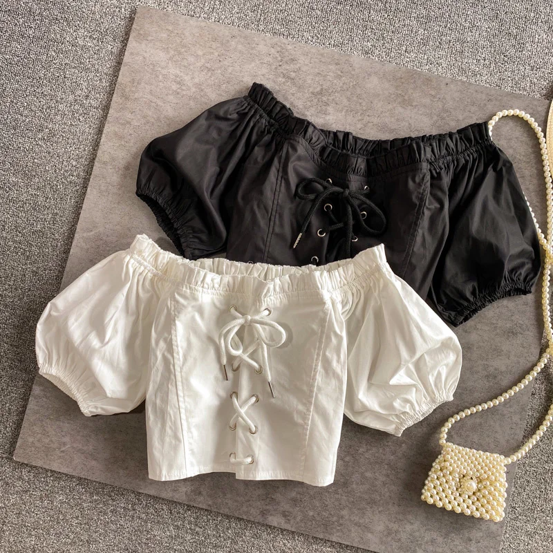 

2022 new summer French square collar cropped short off shoulder blouse women foreign short-sleeved girl off-shoulder shirts