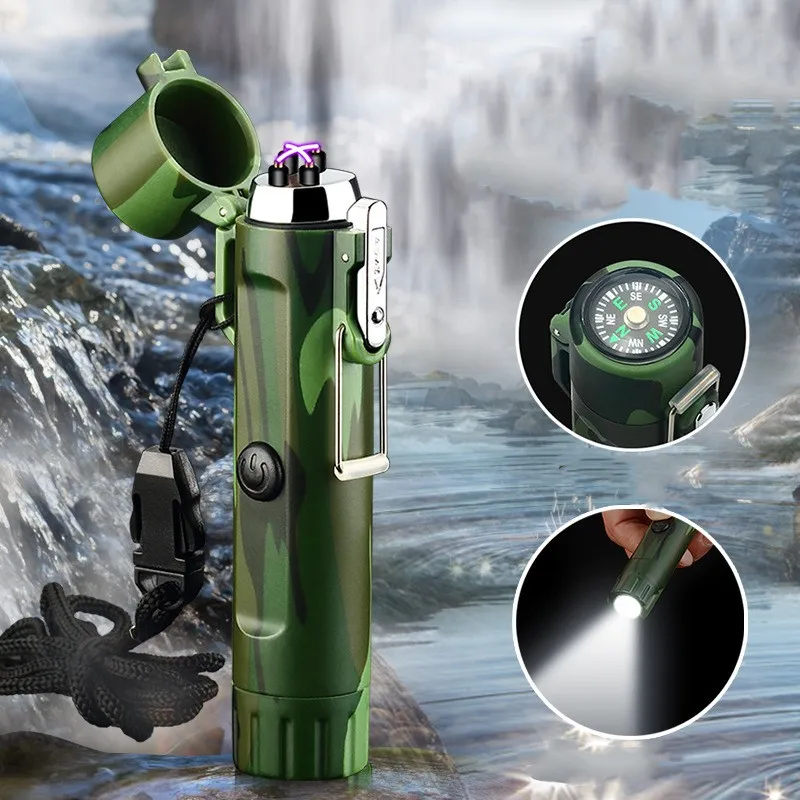 

Outdoor Waterproof Windproof Portable Pulse Dual Arc USB Rechargeable Lighter Flashlight Compass Design Multifunctional lighter