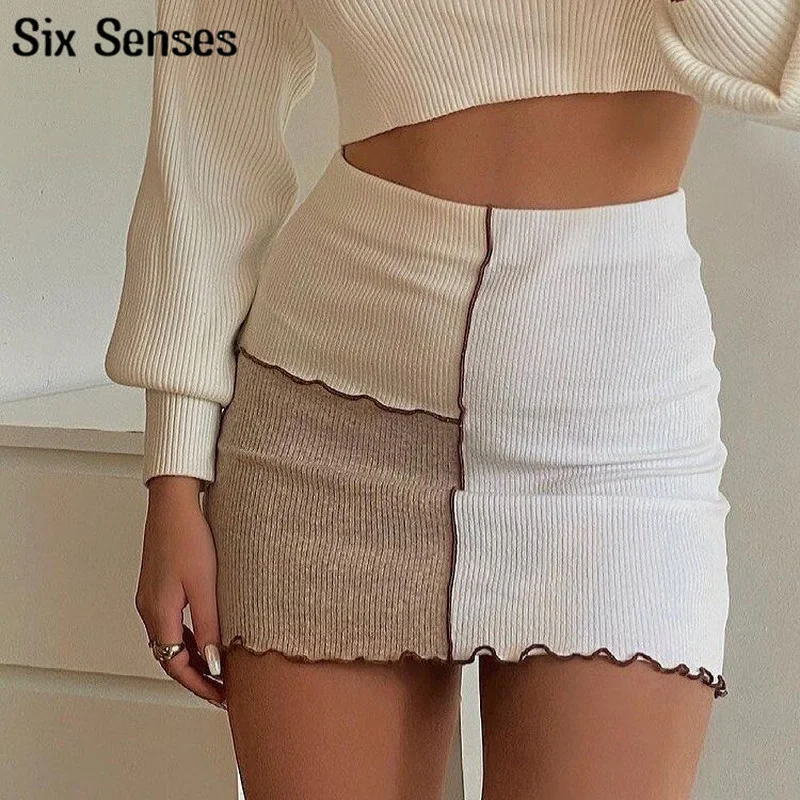 

Six Senses 2022 Sexy 3 Color Matching Hip Skirts Contrast Ribbed Pencil Micro Mini Skirt Slim Women Party Skirts Short Skirt