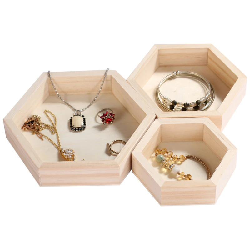 

3Pcs Wood Jewelry Storage Boxes Bracelet Necklace Display Tray Plate Hexagon Wooden Cases Organizer Dishes Tray