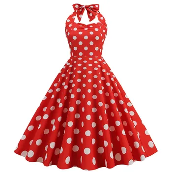 Polka Dot Hepburn Style 50s 60s Vintage Dress A-Line Backless Halter Pin Up Rockabilly Dress Women Summer Retro Party Vestidos 1