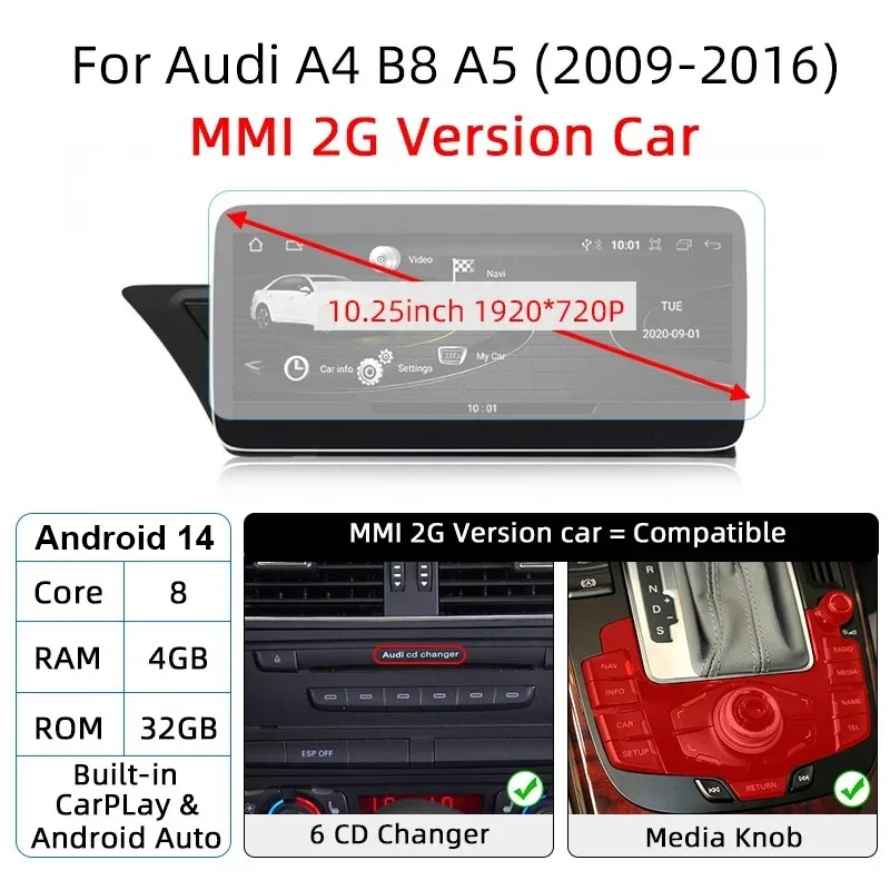 

Android 14 авто радио CarPlay для Audi A4 B8 A5 2008 2009 2010 MMI 2G с высоким компакт-диском автомобильный стерео плеер Multiemdia GPS Navi WiFi