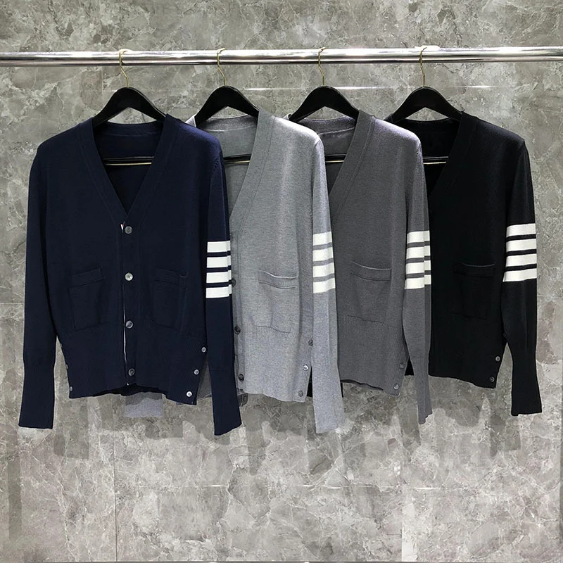 THOM Man Cardigan TB Coat Wool Colors V-neck Classic Stripes Sweater Men's Concise Style Sweaters Women's High Quality Clothes