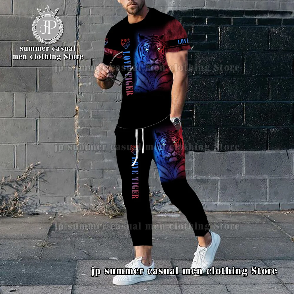 2023 New Men's Tracksuit 2 Piece Lion 3D Print O Neck Short Sleeve T shirt+Long Trousers Street Fashion Casual Men Jogging Set