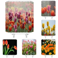 garden tulips shower curtain bathroom decor set spring floral raindrops natural scenery fabric bath curtains polyester with hook