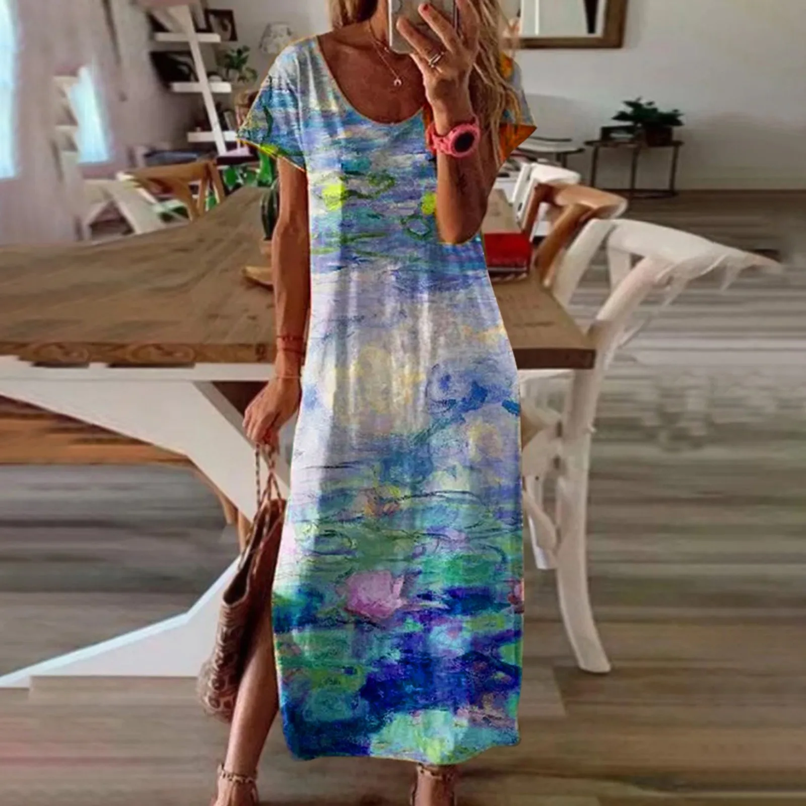 

Женское винтажное платье-макси с круглым вырезом, коротким рукавом и принтом