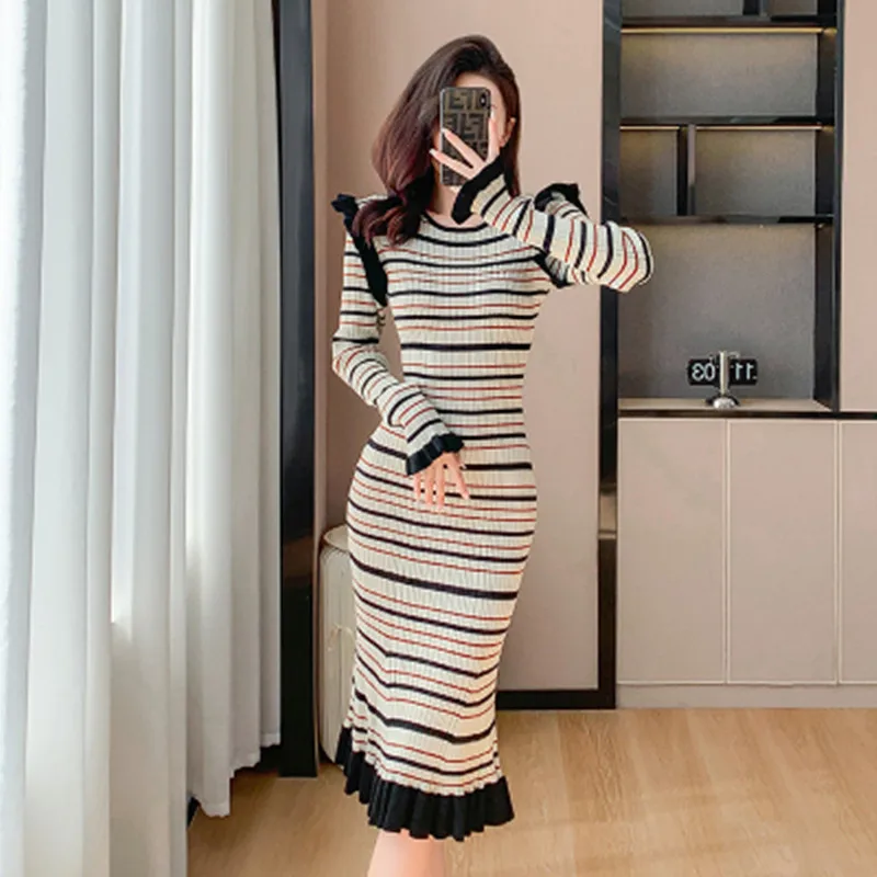 

Autumn Winter New Knitted Fishtail Dress Women High Quality Long Sleeves Slim Stripes Sweater Dress Vestidos