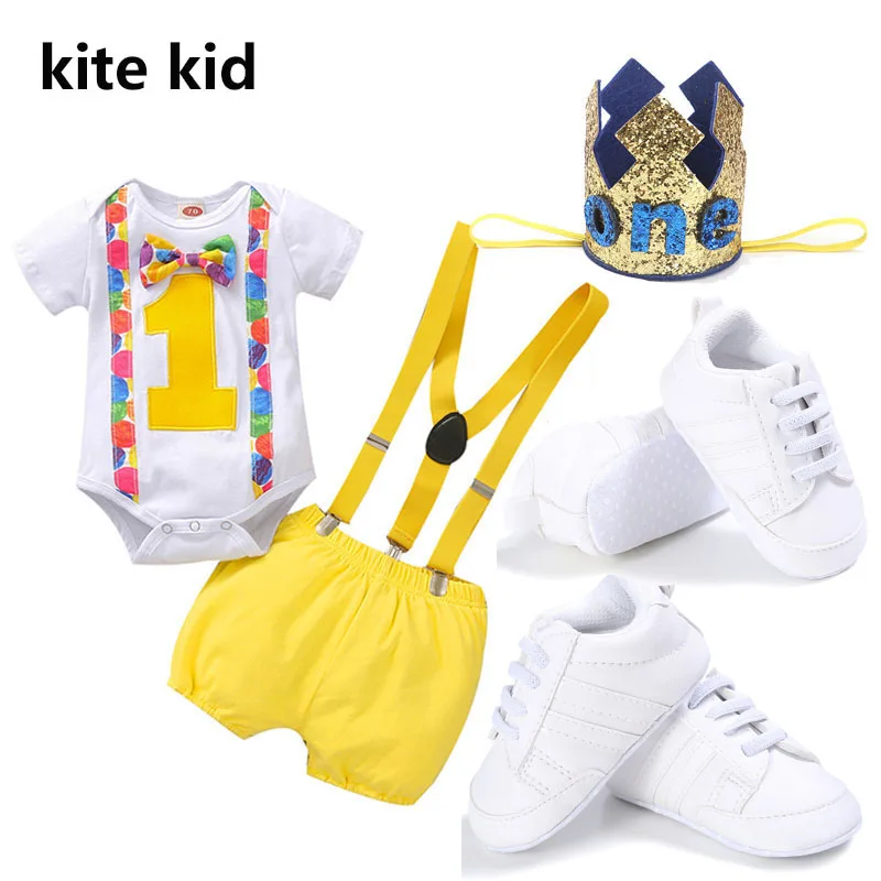 

4pcs Set Baby Clothes Cake Smash Outfit Boy Girl Cute First Birthday Photo Shoot Costume Romper Suspender Shorts