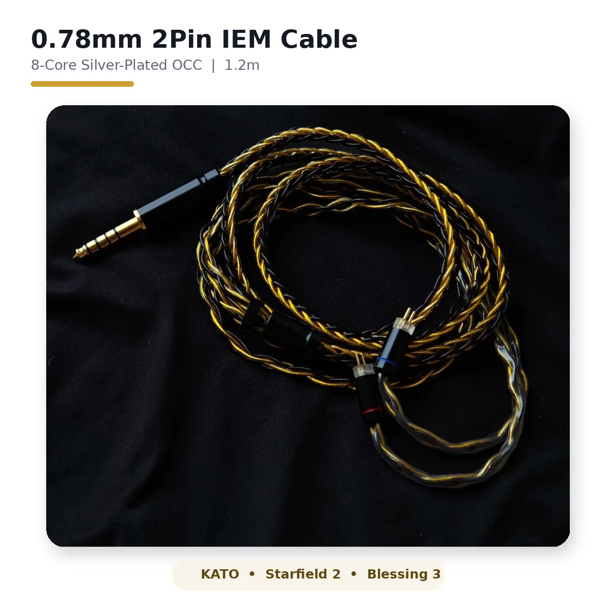 Фото Кабель для апгрейда IEM толщиной 0,78 мм, 2-контактный, для Moondrop KATO Starfield 2 Blessing 3, 8-жильный, посеребренный OCC, длина 1,2 м, аудиоразъем 2,5/3,5/4,4 мм. №1