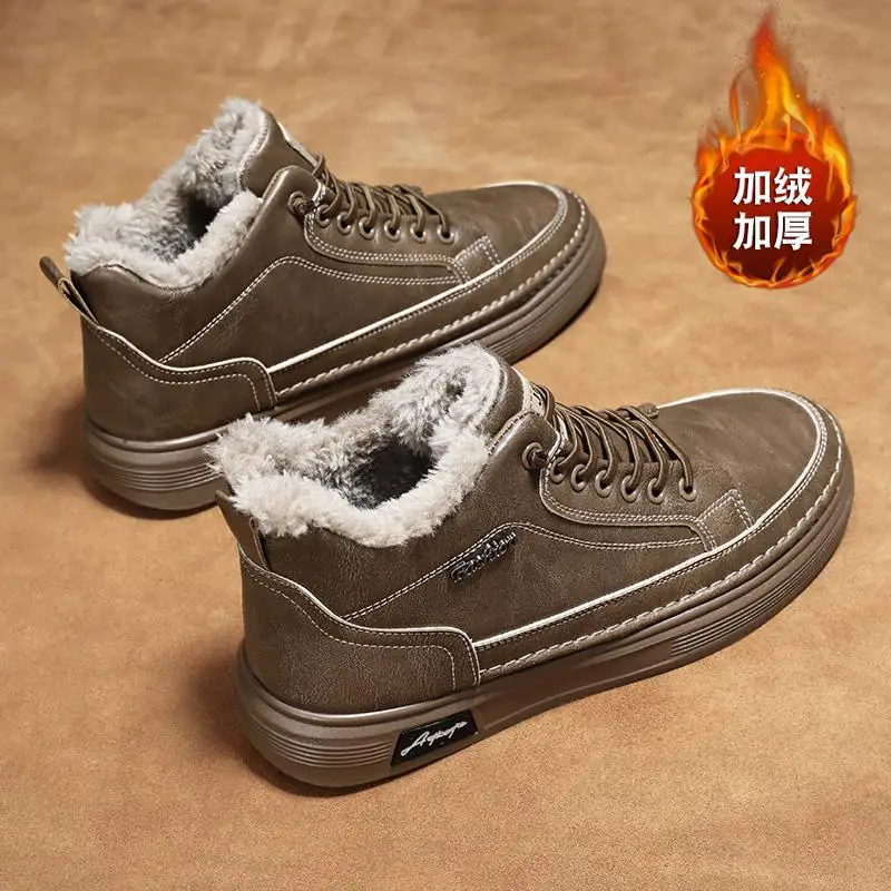 

Winter Cotton Shoes Men's Fleece-lined Warm High-Top Leather Shoes Soft Bottom Middle-Aged and Elderly Dad Casual Shoes Men