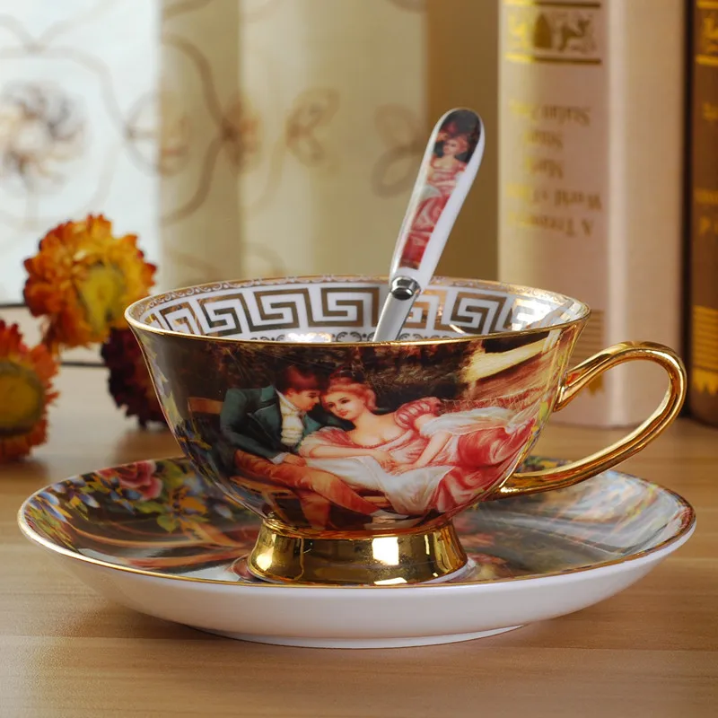 

Europeu palácio real osso china conjunto de café porcelana luxo conjunto chá cerâmica xícaras chá com pires colher drinkware