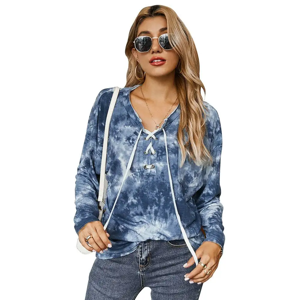 

Women Pocket Cross Bandage Pullover Long Sleeve Loose Tops Ladies Basic Tops Female V Neck Tees Casual Tie Dye Print T-shirt