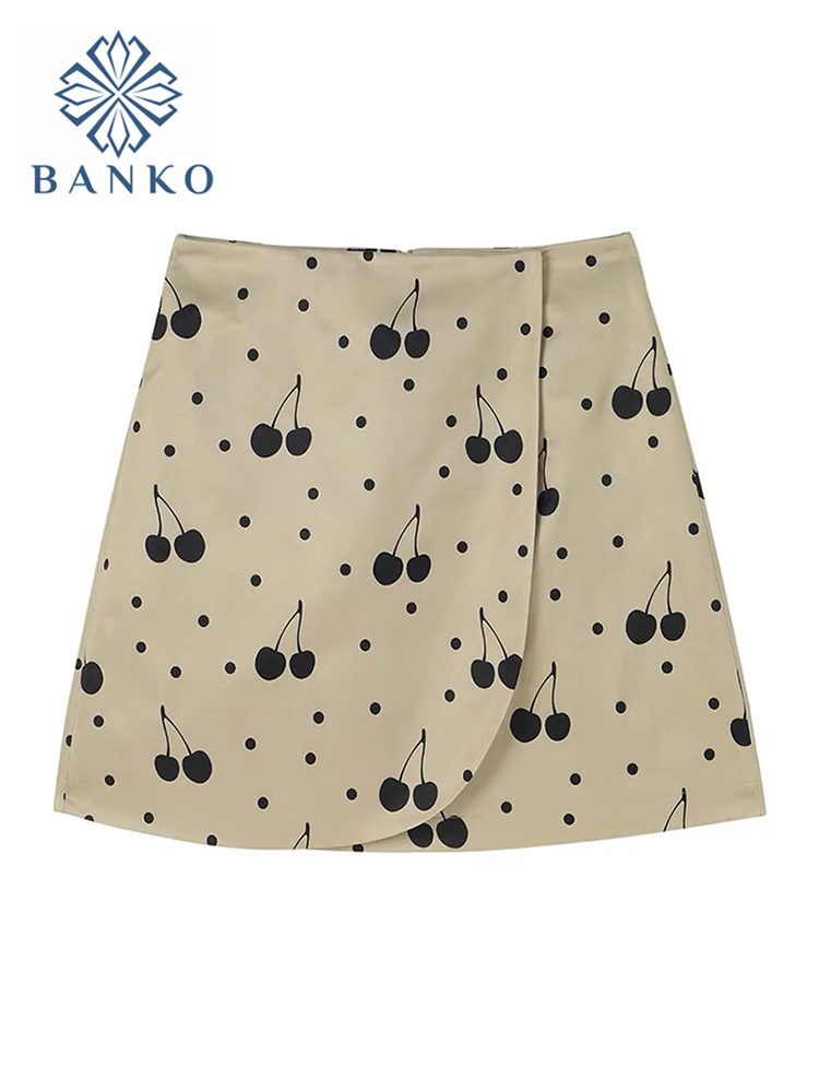 

Cherry Print Mini Skirts Summer New High Waist Pleated Beach Skirt Short Fashion Sweet Sexy Party Frills Skirts For Women 2022