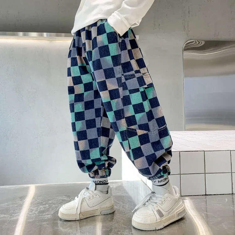

Children Boys Jeans Spring Kids Denim Pants Boys Casual Jeans Pants 2Y-11Y Children Grid Loose Trousers