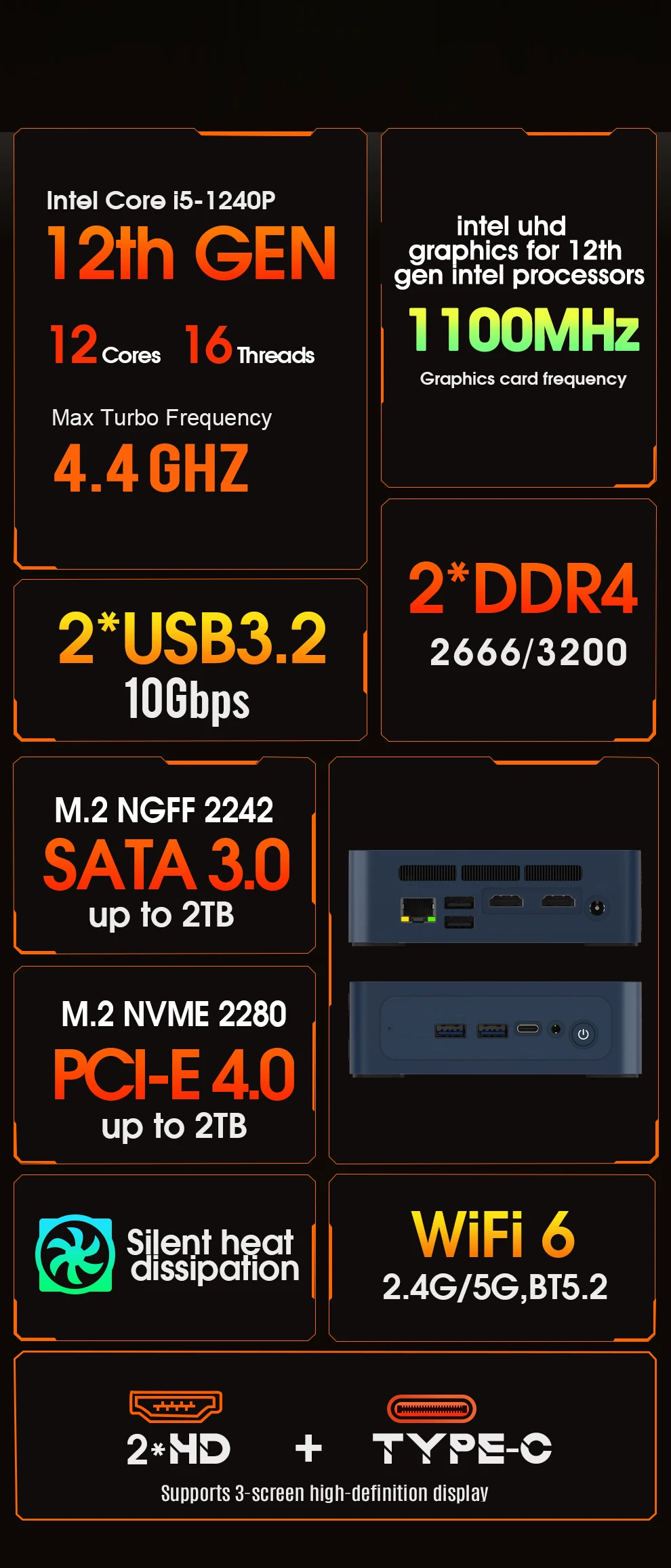Игровой мини-ПК JINGSHA Intel 12-го поколения i3 i5 Max 64G DDR4 RAM 2 ТБ NVMe SSD Windows 11 Wifi6 BT5.2